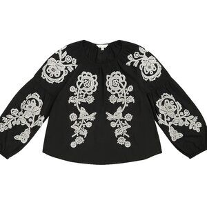 M&S Black Embroidered Top – 12 Petite 100% Cotton Boho Blouse